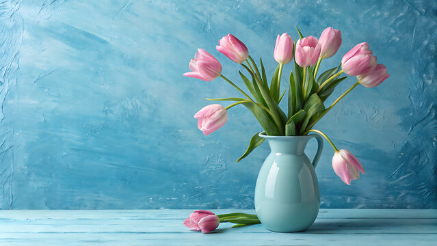 A charming still life showcases a bouquet of delicate pink tulips gracefully arranged in a light blue vase, set against a textured blue backdrop, evoking a sense of springtime freshness and serene bea