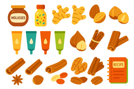 Colorful assortment of baking ingredients featuring spices and sweeteners for various recipes