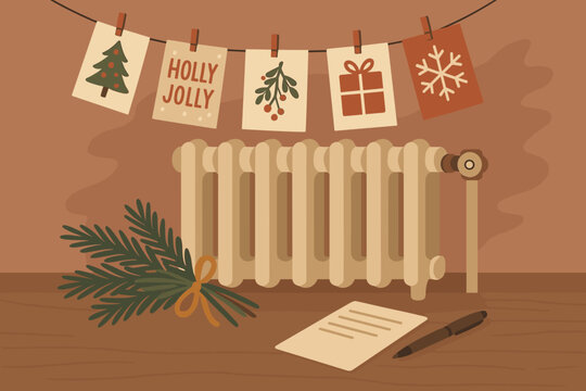 Winter holiday decorations with a radiator, festive cards, and a cozy atmosphere in a warm indoor setting