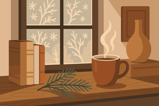 Cozy indoor setting with steaming coffee, books, and decorative elements during a winter day