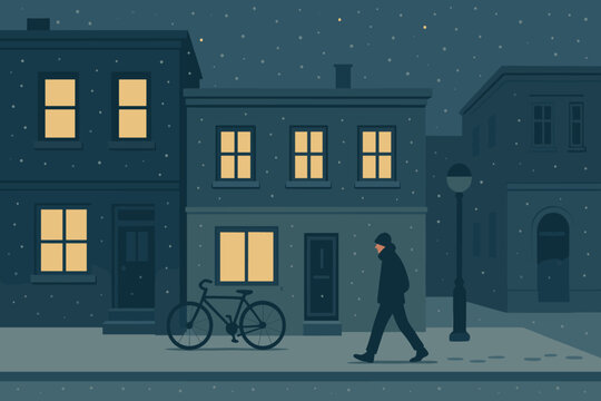 Winter evening walk through quiet streets illuminated by cozy lights and gentle snowfall