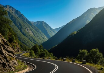 Fototapeta premium Winding Mountain Highway, Blue Sky, Scenic Drive