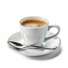 Fototapeta premium White ceramic espresso cup, filled with coffee, on saucer, with spoon