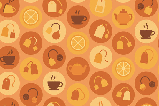 Colorful tea-themed pattern showcasing cups, teapots, and tea bags in warm tones