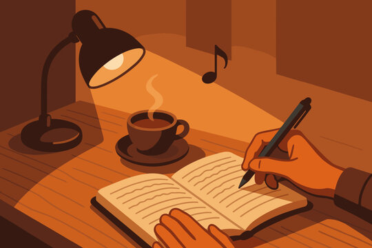 Cozy evening with a warm drink and writing on a wooden table under soft light
