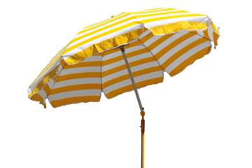 A bright yellow and white striped beach umbrella
