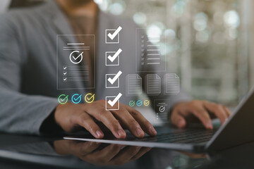 Automated document approval and quality control concept, Businessman verifies and manages digital...