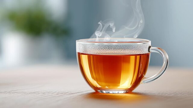 Warm and Cozy Hot Tea Beverage in Clear Glass Cup with Steam Rising on Wooden Surface for Relaxing Moments