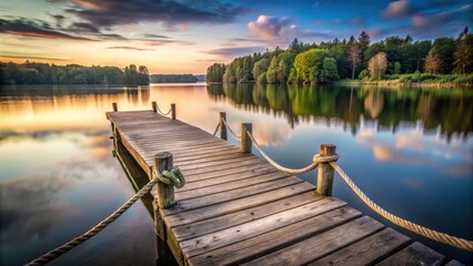 Naklejka premium Serene sunset over tranquil lake reflecting colorful sky, wooden dock extends into calm water, rope railing, peaceful nature scene