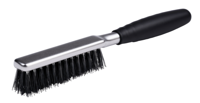 Flat brush with a black handle and silver-toned head