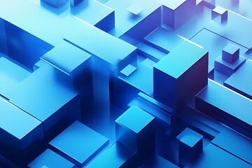 Abstract Blue Geometric Background with 3D Cubes and Rectangles, Technology and Modern Design