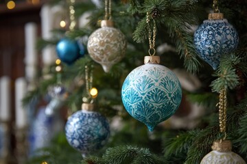 Christmas tree adorned with ornate, colorful glass balls