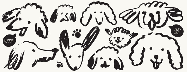Scribble chalk or charcoal style dogs set. Hand drawn puppy sketches, creative outline funny whimsical grunge charcoal art for tshirt print, placard, poster or stickers. Isolated vector illustrations.
