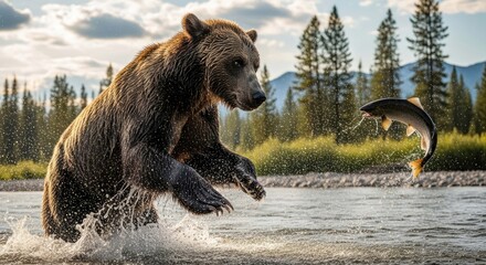 Fototapeta premium dramatic action shot: grizzly bear leaping to catch a soaring salmon in a pristine river, wildlife photography