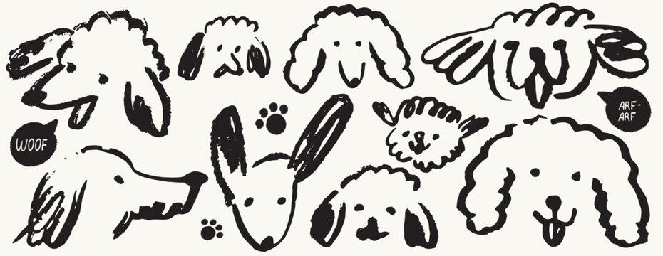Scribble chalk or charcoal style dogs set. Hand drawn puppy sketches, creative outline funny whimsical grunge charcoal art for tshirt print, placard, poster or stickers. Isolated vector illustrations.