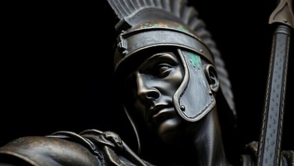 Close up of a bronze statue of a Roman soldier wearing a helmet