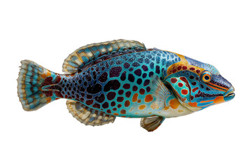 Vividly colored fish, side profile, showcasing intricate patterns of blue, orange, and dark spots.  Fin details are highlighted.  Isolated on transparent background