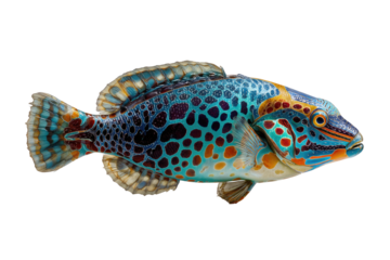 Vividly colored fish, side profile, showcasing intricate patterns of blue, orange, and dark spots. Fin details are highlighted. Isolated on transparent background