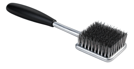 Square brush with black handle.  Metal shaft, gray bristles.  Cleaning tool