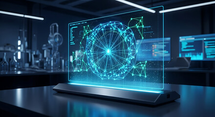 Futuristic Transparent Display with Global Network Visualization.