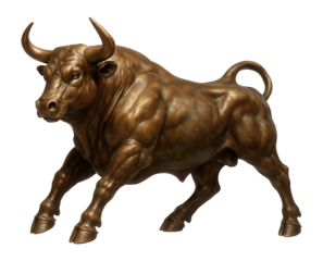 Bronze bull sculpture with muscular form and curved horns, positioned as if ready to charge on transparent background.