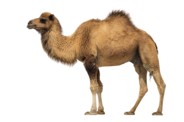 Single Bactrian camel standing, isolated on black background