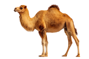 Single Bactrian camel standing, isolated on black background.