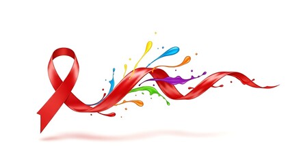 Red ribbon with colorful splashes on a white background for aids awareness and support campaign