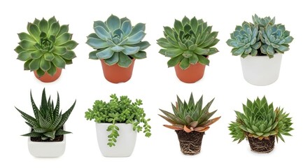 eight diverse succulents in pots perfect for website design home dcor blogs and gardening projects