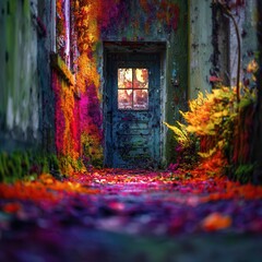 Vibrant colors paint an abandoned doorway.