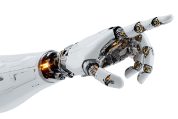Close up of a robotic arm pointing, showcasing futuristic technology.