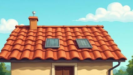 Terracotta roof with solar panels.