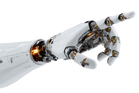 Close up of a robotic arm pointing, showcasing futuristic technology.