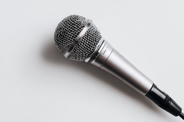 A silver microphone sits atop a plain white surface.  The microphone's grille is a dark gray mesh
