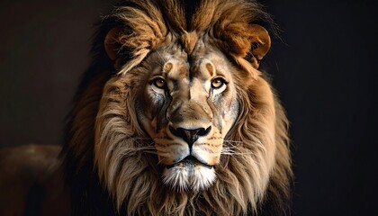 Naklejka premium Majestic Lion Portrait with Intense Gaze and Dark Background Depicting Strength