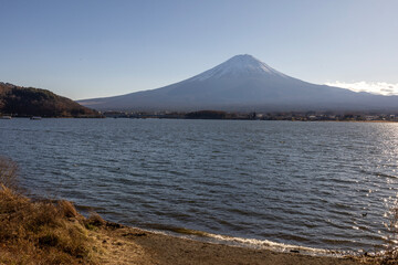 View of landscape fuji mountain in winter at Lake Kawaguchi