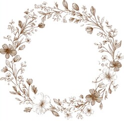 Fototapeta premium Delicate floral wreath, brown and white line art. Circular frame of various flowers and leaves, in a vintage style