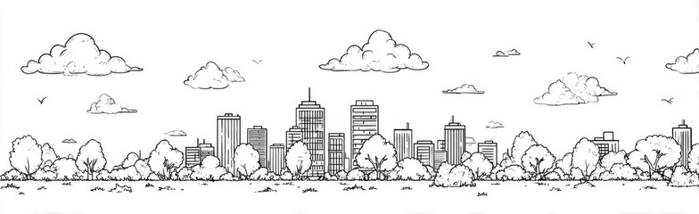 Obraz premium Hand-drawn cityscape with trees and clouds. Simple black lines depict a city skyline bordered by trees and a light sky with puffy clouds