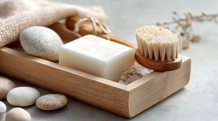 Soothing Spa Products with Soap, Brush, and Decorative Stones