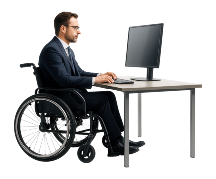 Businessman in a wheelchair working at a computer desk, wearing a suit and glasses, demonstrating accessibility in the workplace on transparent background. - Powered by Adobe