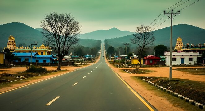 Scenic highway leading towards misty mountains and village