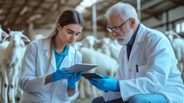 Veterinarians analyze data using tablets in barn with livestock in background, showing modern approach to animal health management, collaborative veterinary practice.