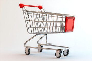 An empty metal shopping cart with a red handle and panel, isolated on a clean white background.