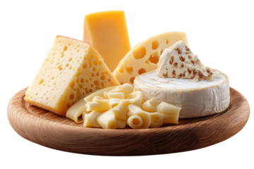 Assorted cheeses on a wooden platter