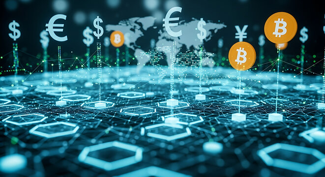 Global Cryptocurrency Network with Bitcoin Dollar Euro and Yen Symbols.