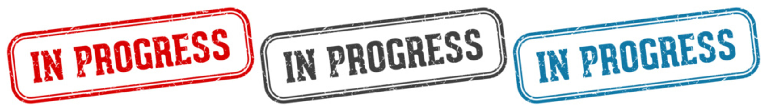 in progress stamp. in progress rectangular stamp set isolated on white background