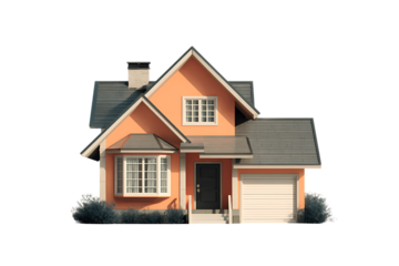 Charming suburban house with a peach facade, gray roof, and attached garage.