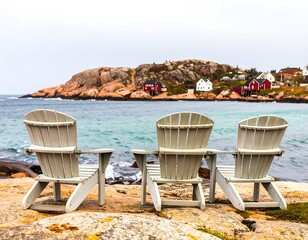 Adirondack chairs on a rocky shore overlooking a coastal town