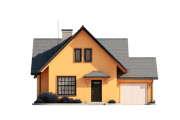 Modern yellow house with garage and gray roof
