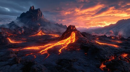 Obraz premium Molten lava flows across a volcanic landscape at sunset.